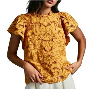 Anthropologie Womans The Lainie Yellow Gold Floral Cutwork Lace Flair Sleeve Top